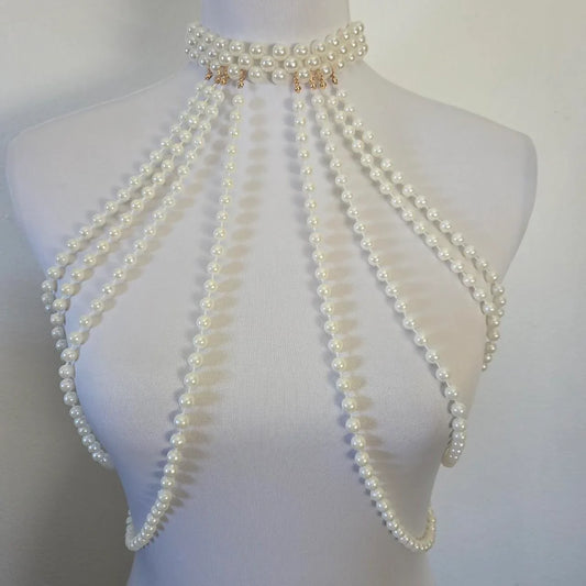 Luxury Pearl Body Chain Harness – Statement Choker Necklace with Multi-Layer Beads